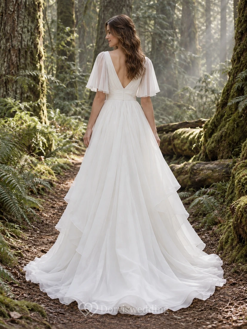 V-Neck Flutter Sleeve Wedding Dress in Organza with Layered A-Line Skirt and Train view 2
