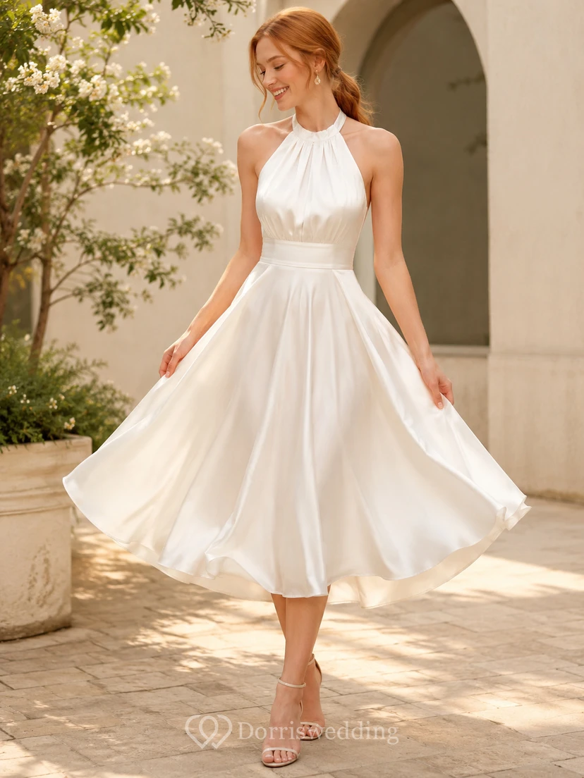Sunlit Midi White A-Line Tea-Length Halter Sleeveless Satin Elegant Cocktail Dress