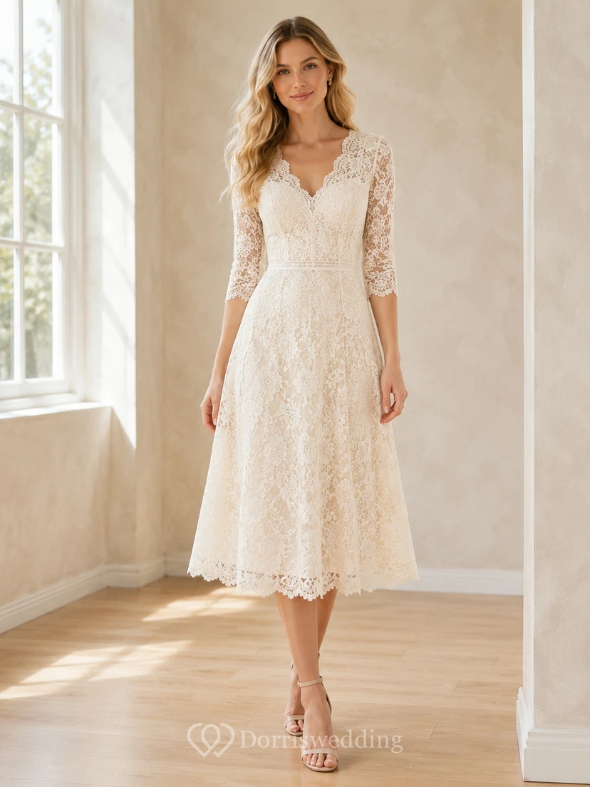 Ivory V-Neck Three-Quarter Lace Sleeve A-Line Tea Guest Dress Garden