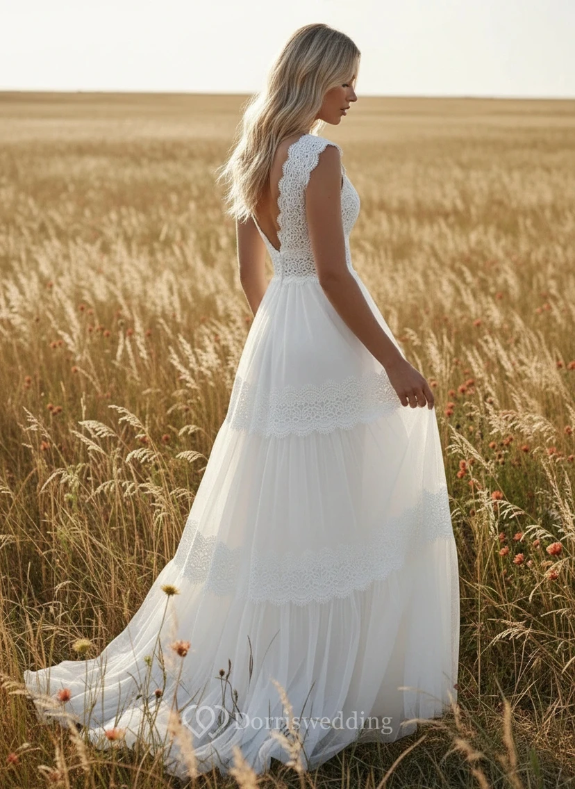 Whimsical Boho V-Neck Lace and Tulle Wedding Dress with Tiered Skirt view 4
