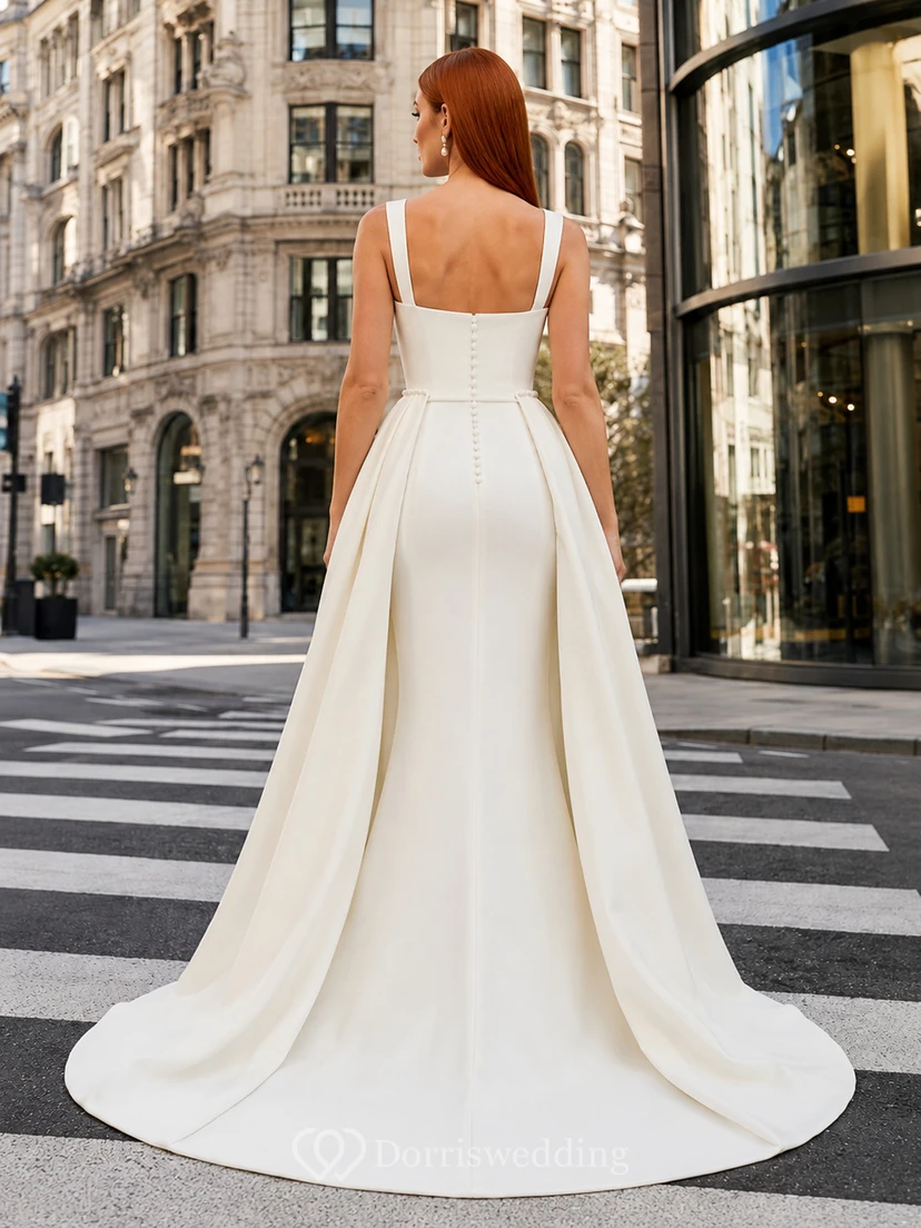 Robe de mariée minimaliste en satin, deux pièces, col carré, sans manches, traîne courte. view 2
