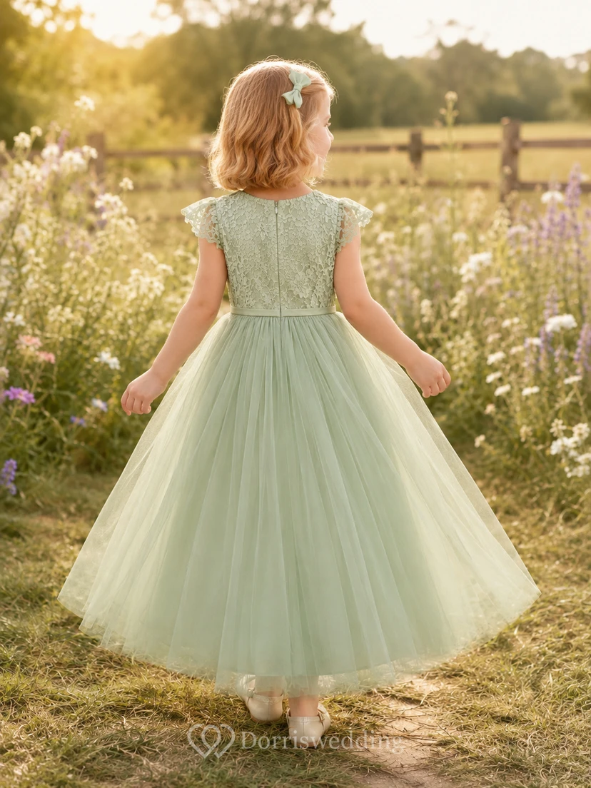 Sage Lace Flutter Sleeve Tulle A-Line Flower Girl Garden Tea-Length Dress view 2