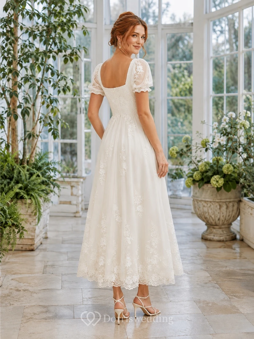 Bohemian Square Neck Puff Sleeve Floral Lace A-Line Tea-length Civil Bridal Dress view 2
