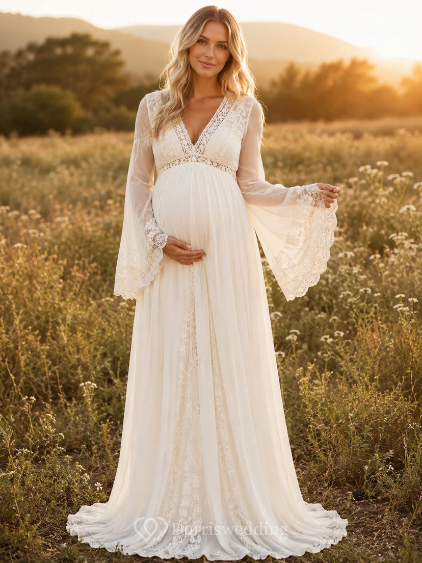 Boho Maternity Wedding Dress V Neck Long Bell Sleeve Lace Tulle Country Gown with Train