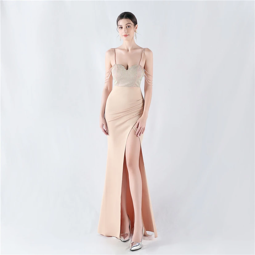 Hot Diamond Beaded High-Slit Satin Sexy Sling Evening Dress view 21