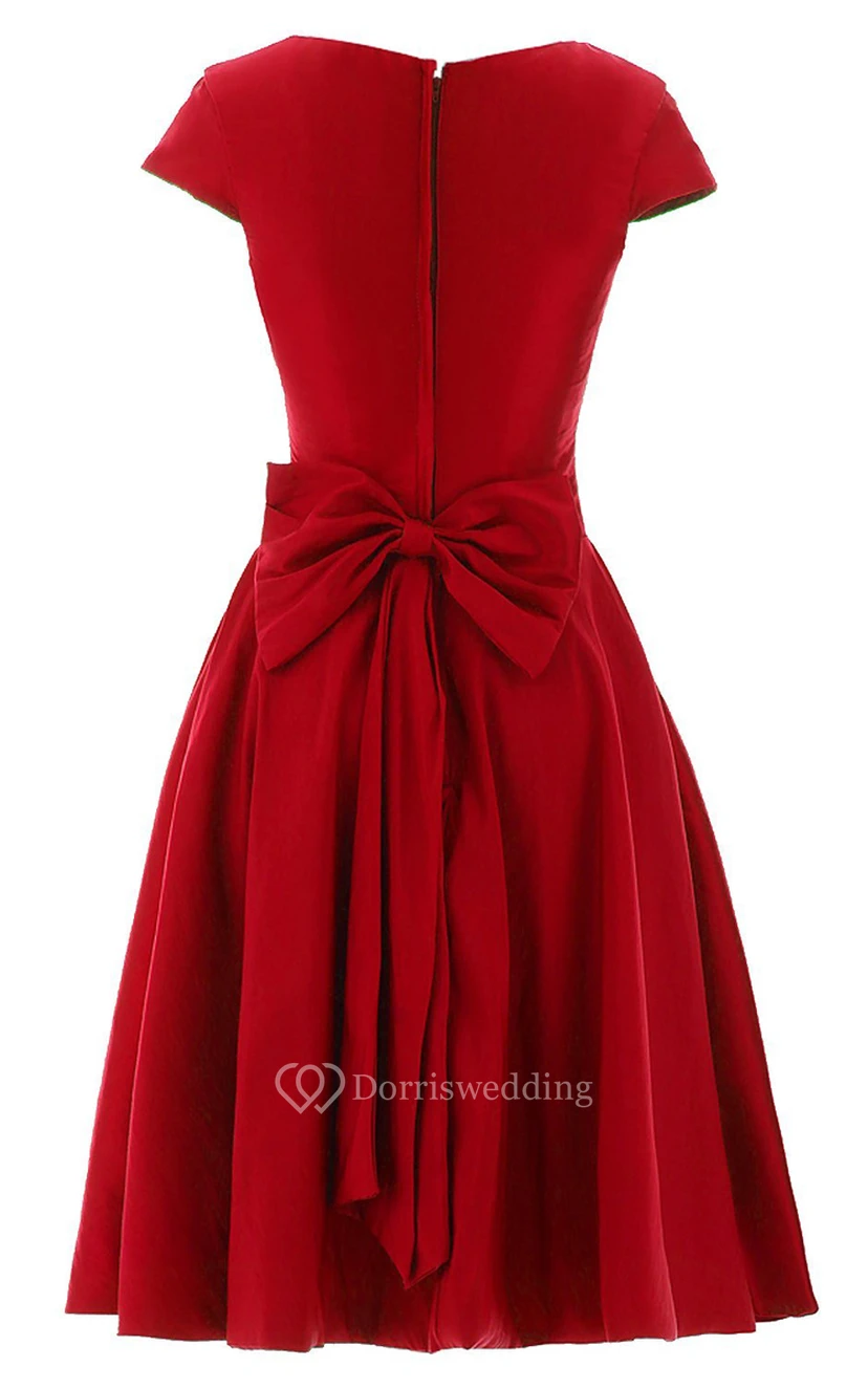 Short-Sleeve A-line Pleated Dress With Bow view 2
