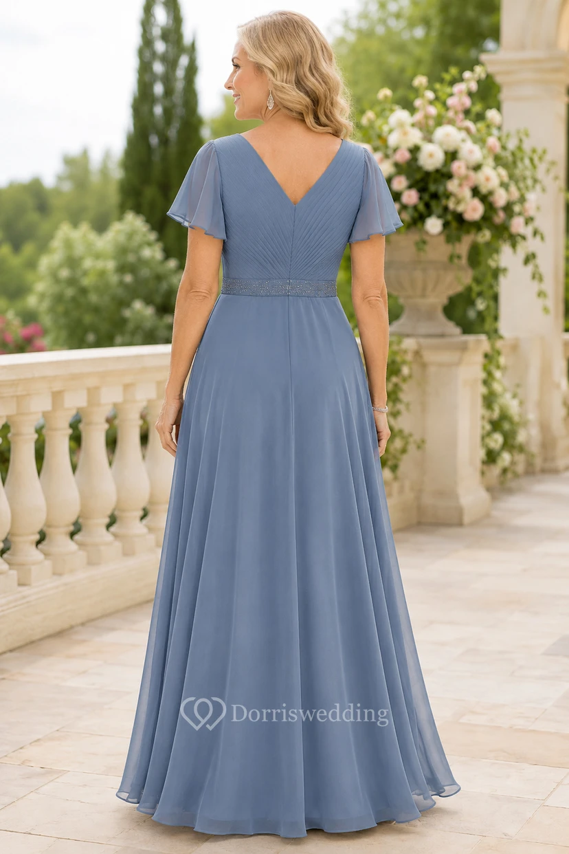 Stahlblaues Chiffon-Kleid in A-Linie mit V-Ausschnitt für Mütter view 2