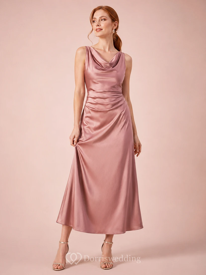 Dusty Rose Cowl Neck Satin Tea Occasion Dress