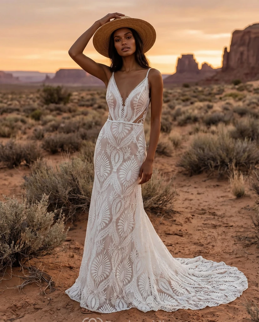 Robe de mariée fourreau bohème simple en dentelle, dos nu plongeant, style plage video preview