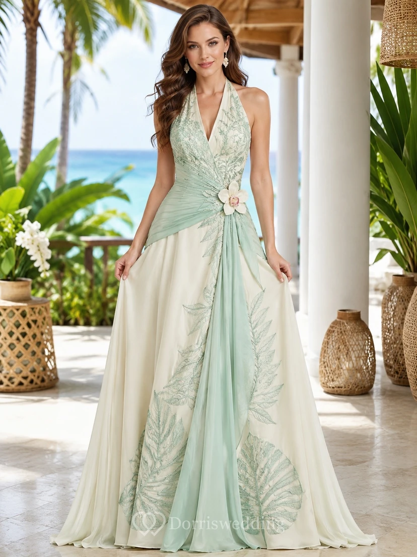 Mint Green Halter Sleeveless Floral Lace A-Line Wedding Dress
