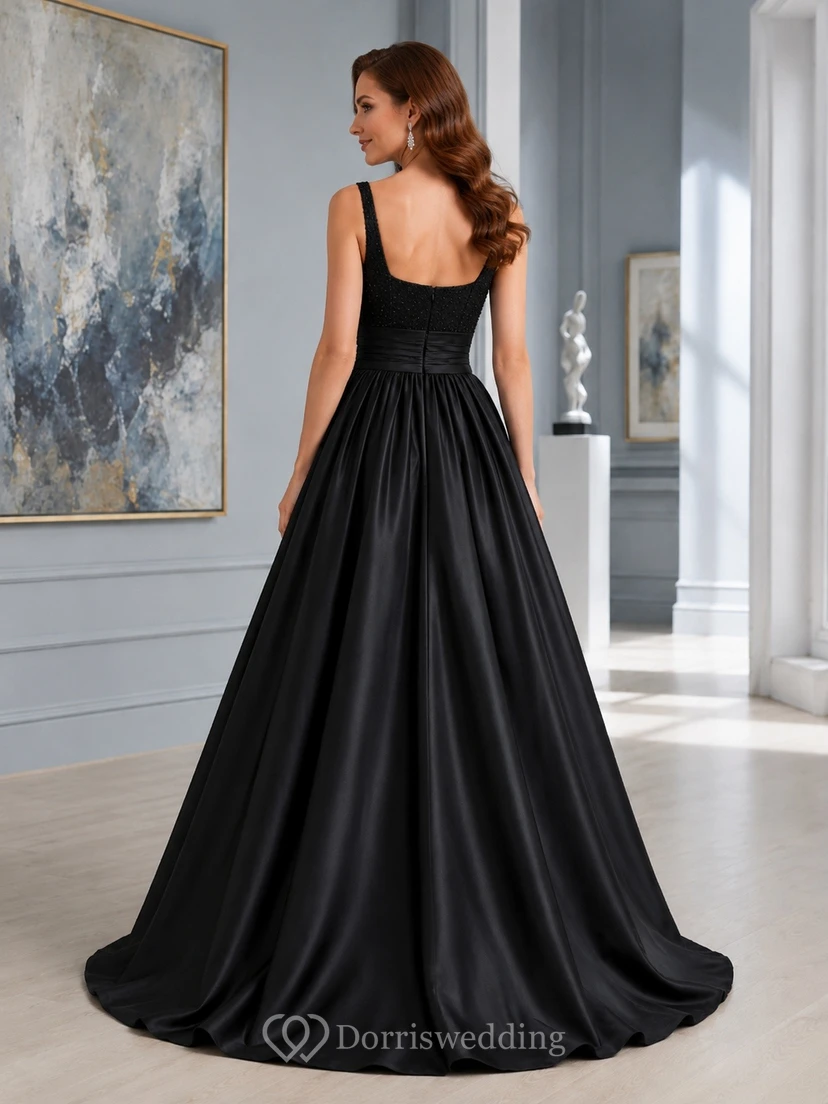 Black Simple Square Neck Satin Princess Ball Gown Formal Dress view 2