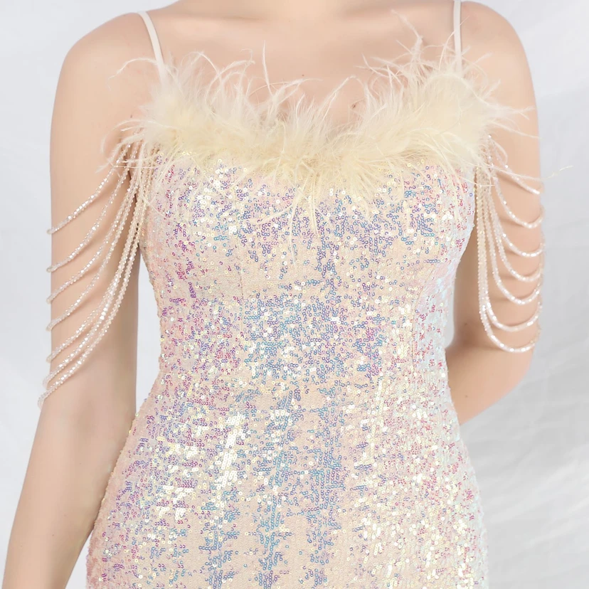 Craft Beaded Ostrich Feather Fantasy Sequined Long Evening Dress view 26