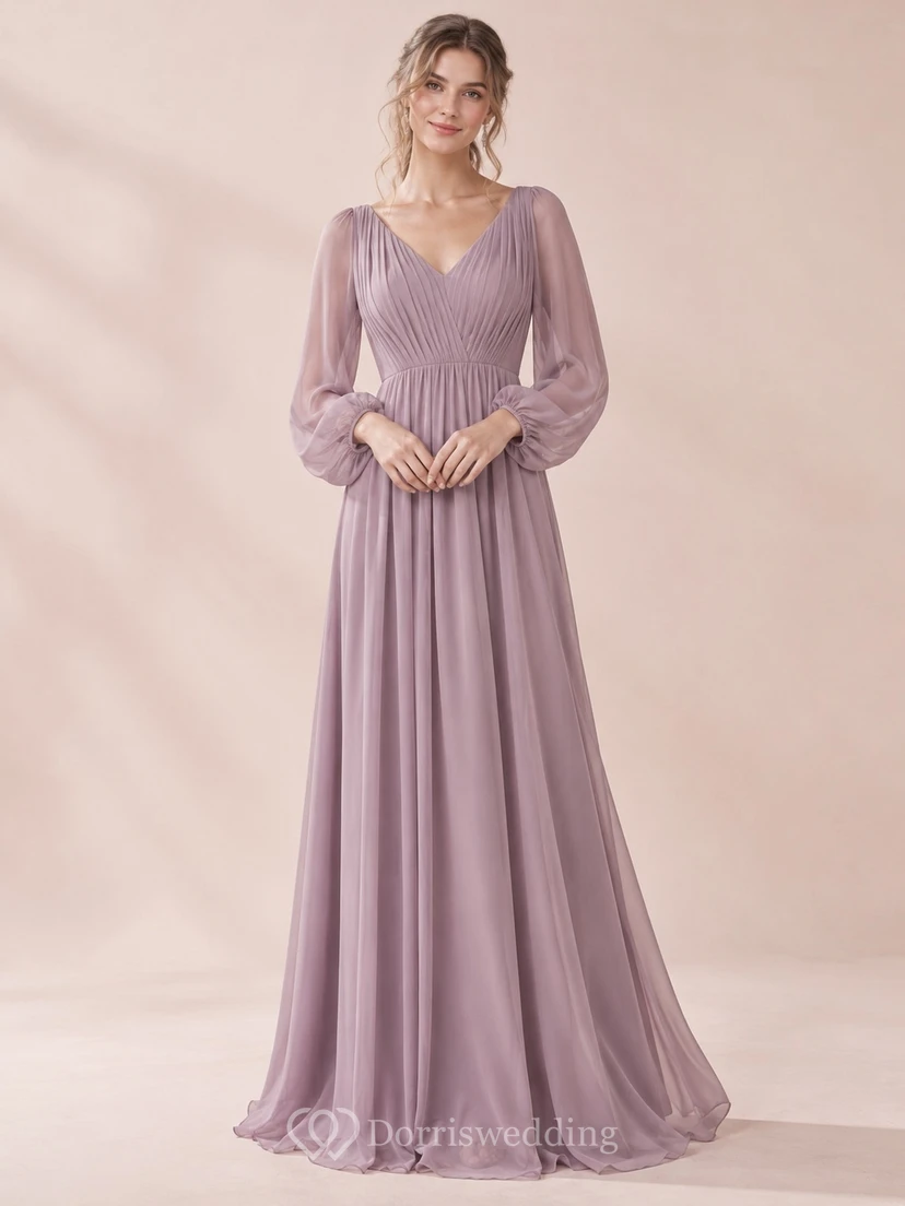 Vestido de dama de honor largo hasta el suelo, de gasa fruncida, color malva, manga larga y estilo bohemio.