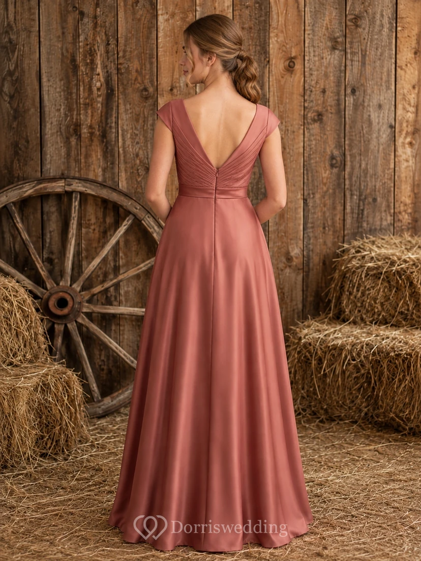 Vintage-Brautjungfernkleid in Mauve, A-Linie, U-Boot-Ausschnitt, kurze Flügelärmel, Falten, romantisch view 2