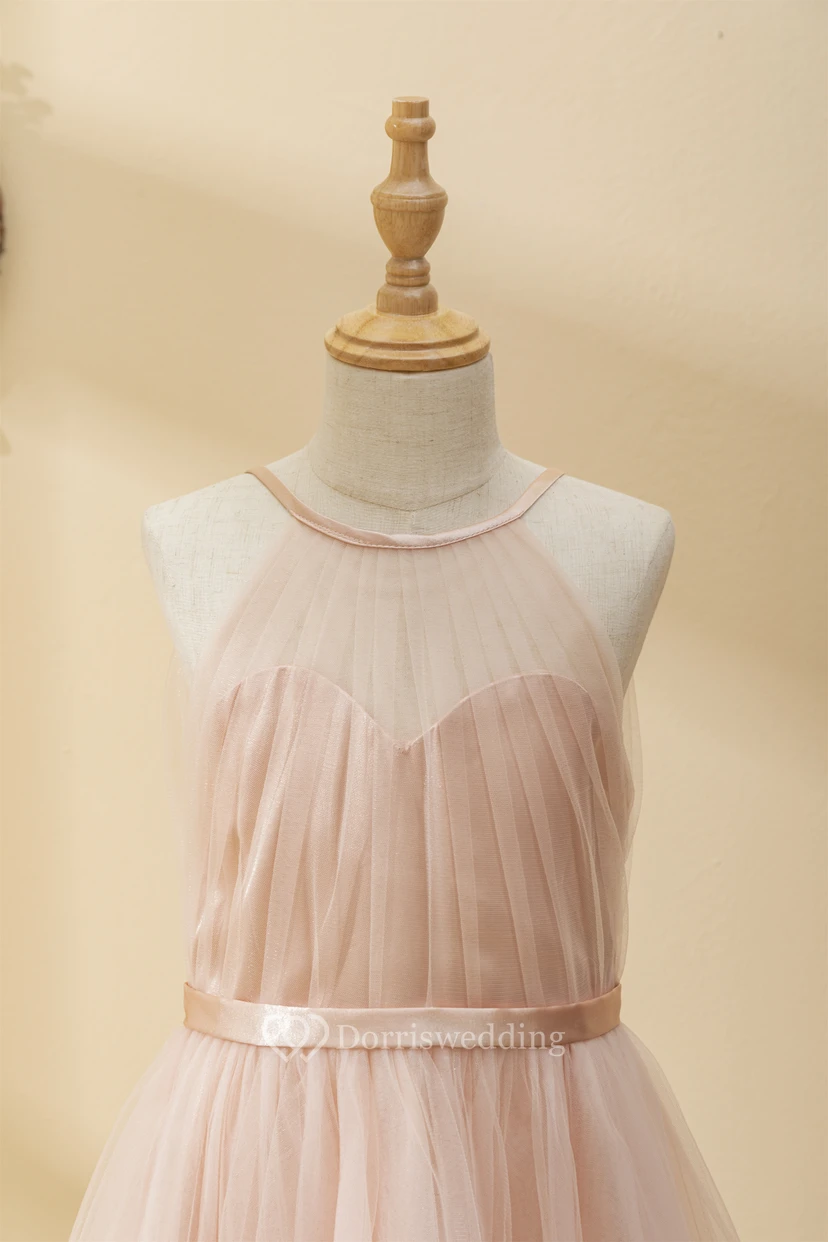 Adorable Coral Tulle Short Pleated Flowergirl Dress view 8