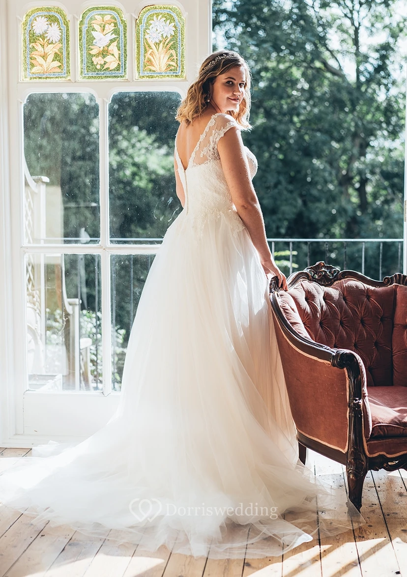 A-Line Floor-Length Scoop Neck Short Sleeve Tulle Sweep Train Low-V Back Appliques Dress view 2