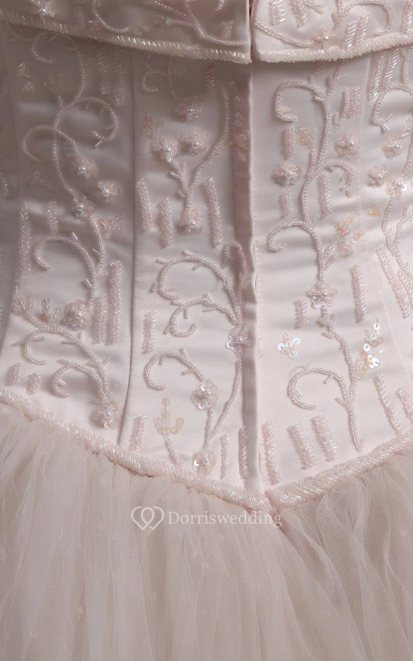 Blushing Pink A-Line Ball Gown With Embroideried Bodice and Tulle Overlay view 6