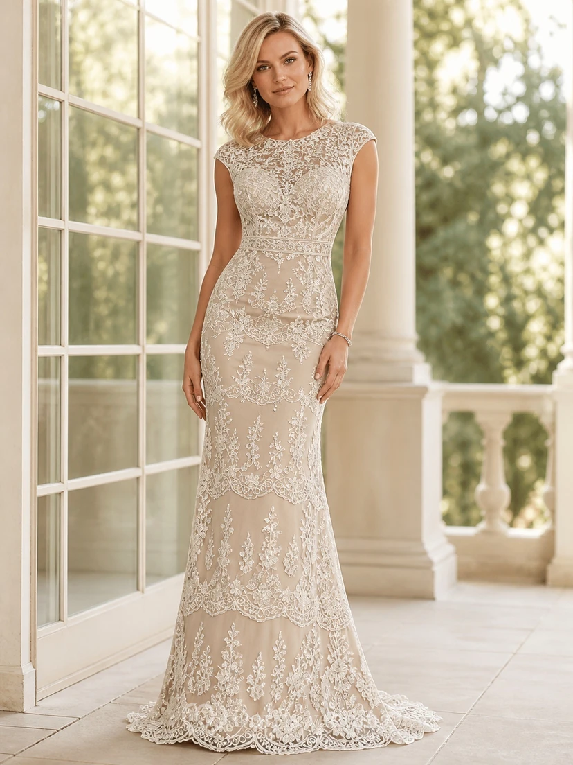 Vestido de novia de dos piezas, estilo sirena, modesto, con cuello alto y cola de encaje.