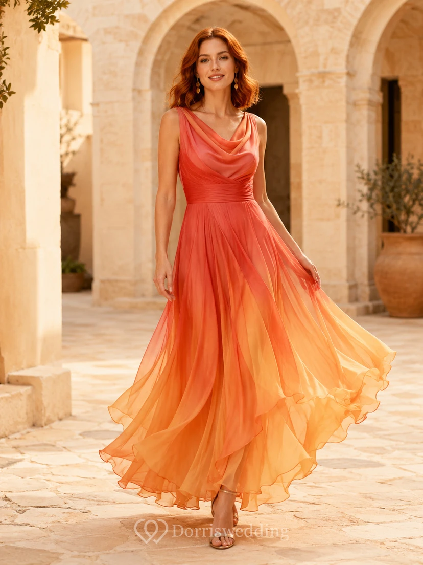 Vestido largo de gasa con escote drapeado y corte en A en tonos naranjas degradados