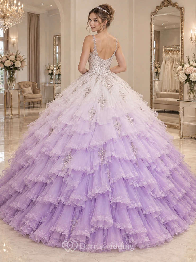 Lilac Ombre Sweetheart Spaghetti Wedding Ball Gown with Beaded Lace Edged Organza Cascades view 2