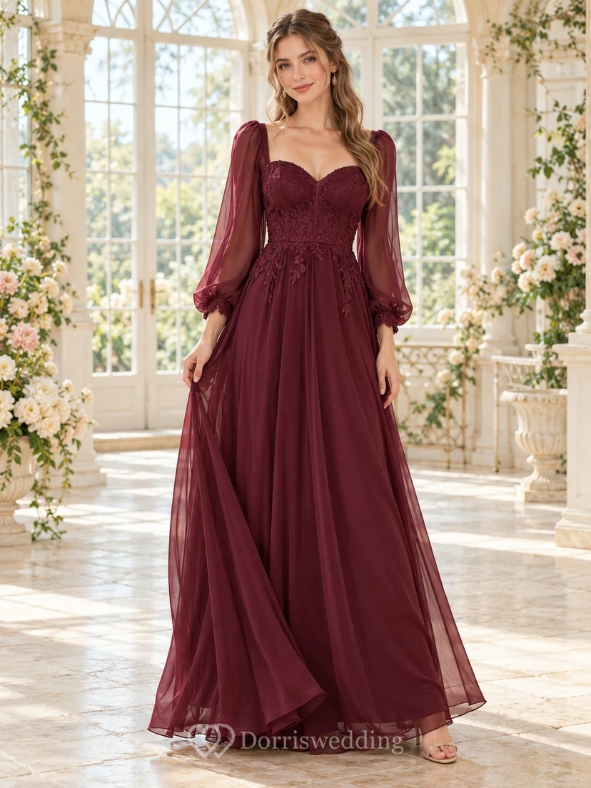 Boho Burgundy Long Sleeve Sweetheart Lace Chiffon A-Line Bridesmaid Dress