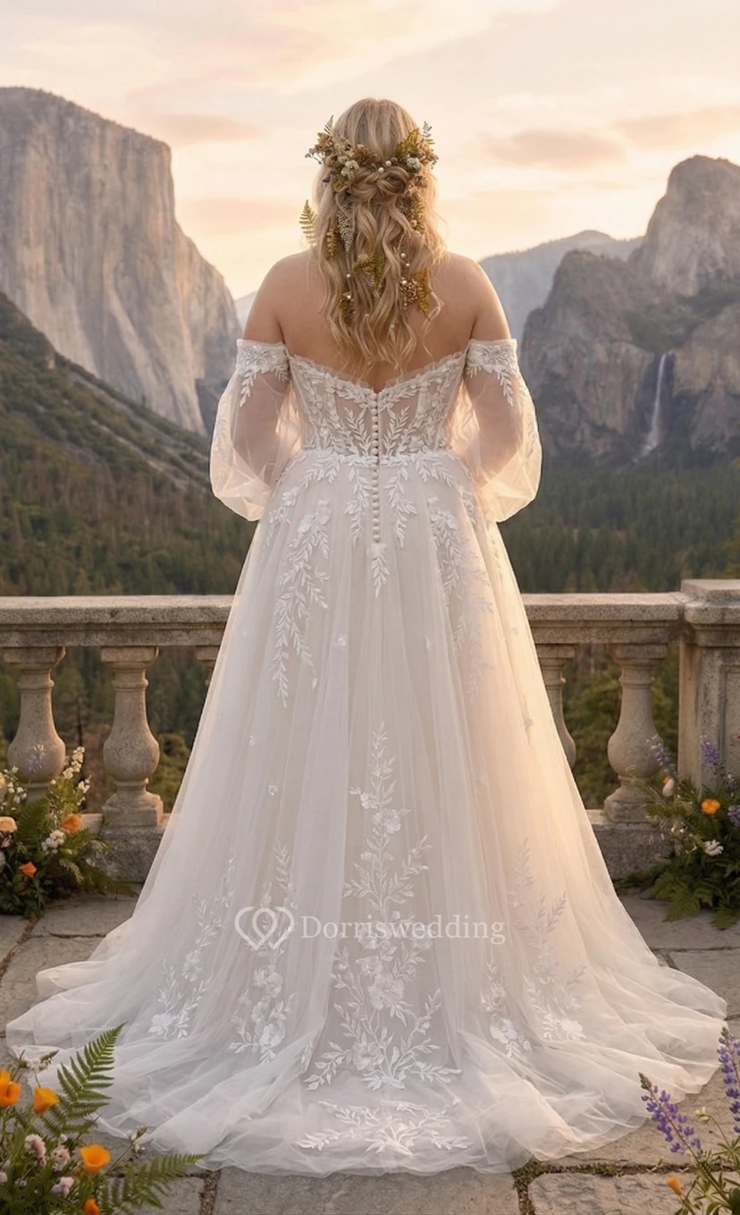Plus Size schulterfreies Korsett-Brautkleid mit Bischofsärmeln und Spitzenapplikationen view 2