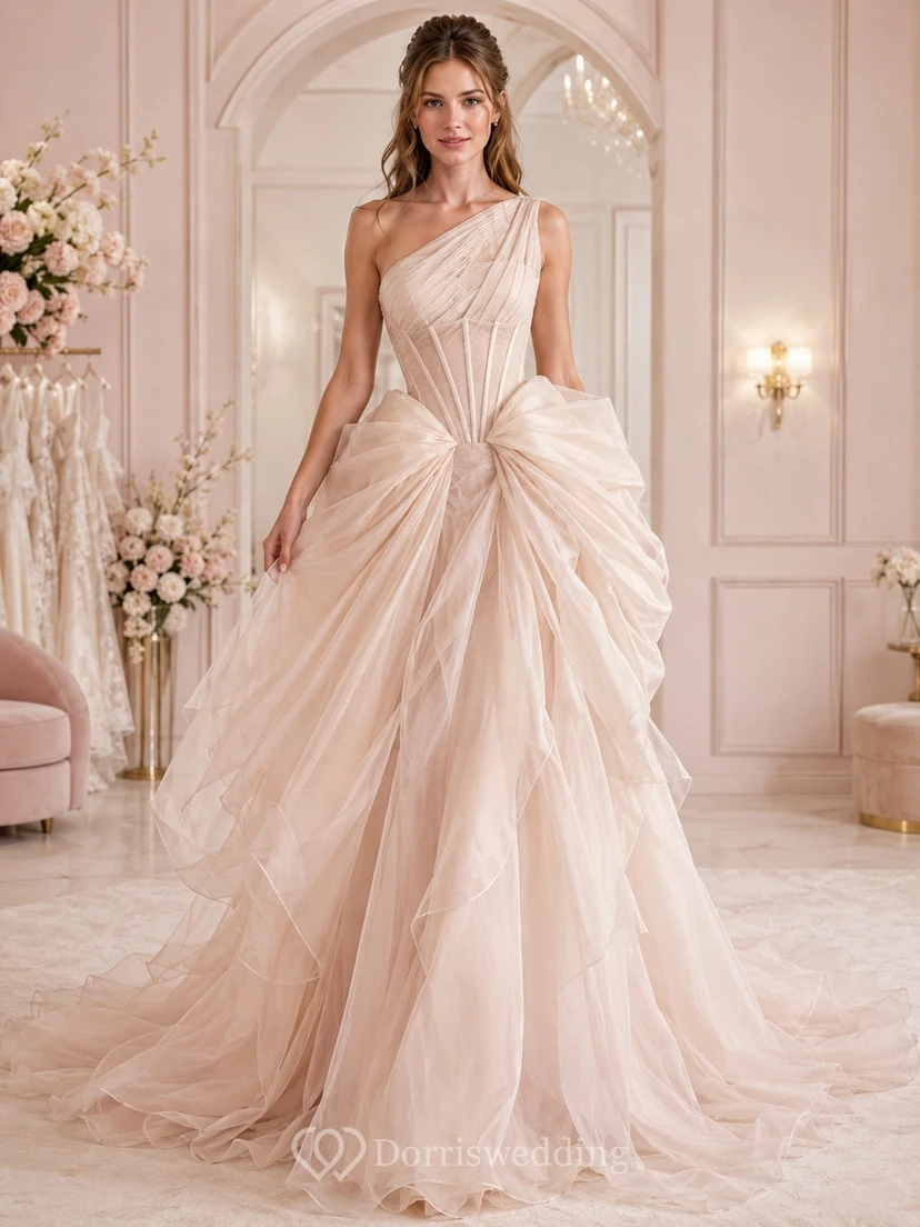 Simple Floor-length Sleeveless Bridal Ceremony Formal One-Shoulder A-line Dress