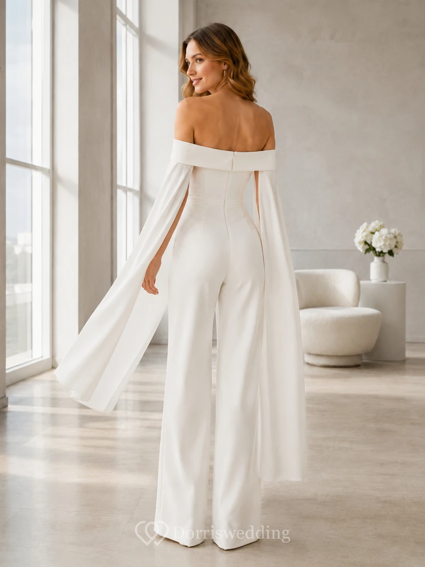 Elegant Bridal Jumpsuit Off Shoulder Cape Sleeve Wide Leg Civil Wedding Outfit view 2