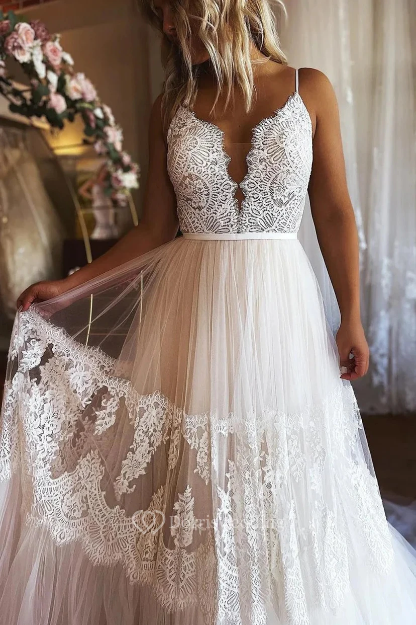 White Lace V-Neck Wedding Dress with Belt view 2