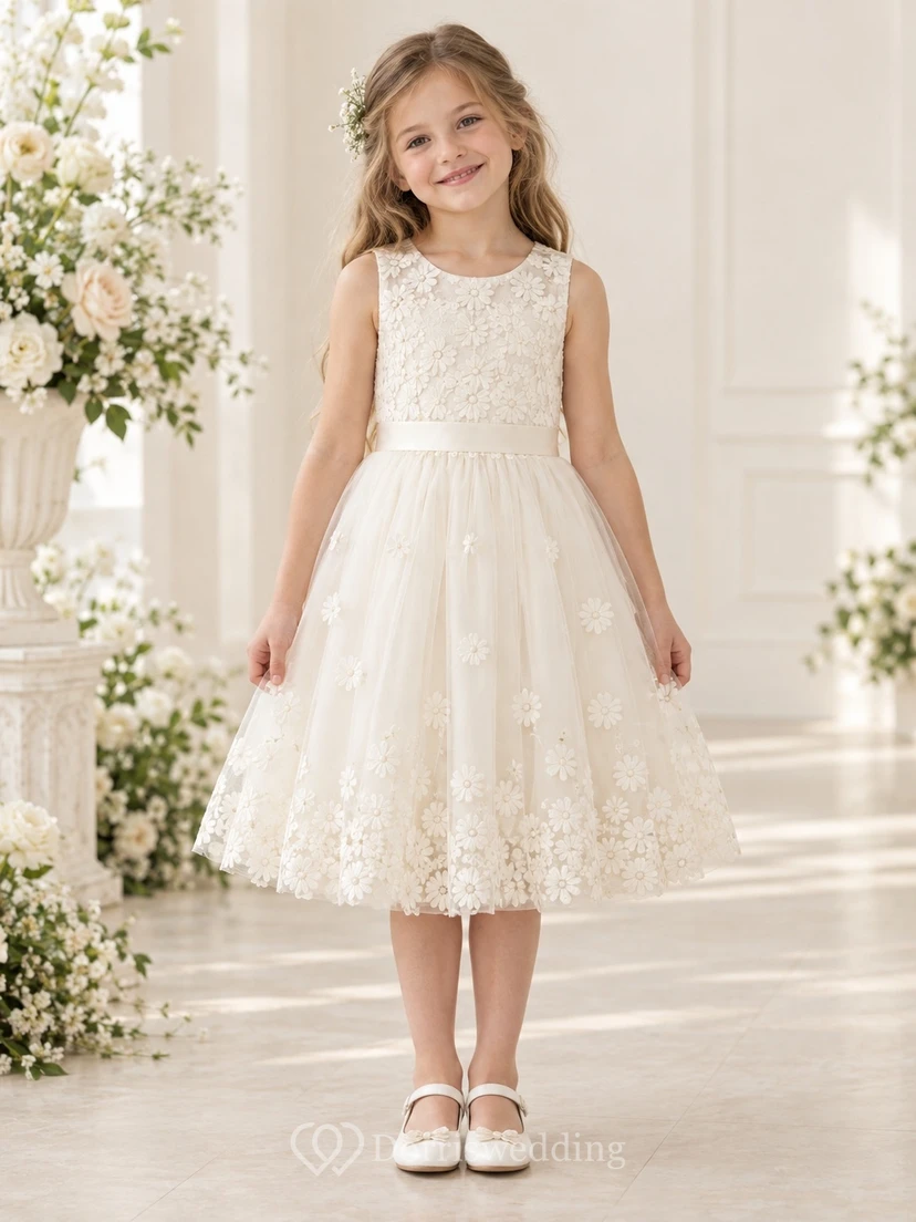 Tea-length Ivory Daisy Scoop Sleeveless A-Line Gathered Tulle Floral Border Satin Waist Zipper Flowergirl Dress
