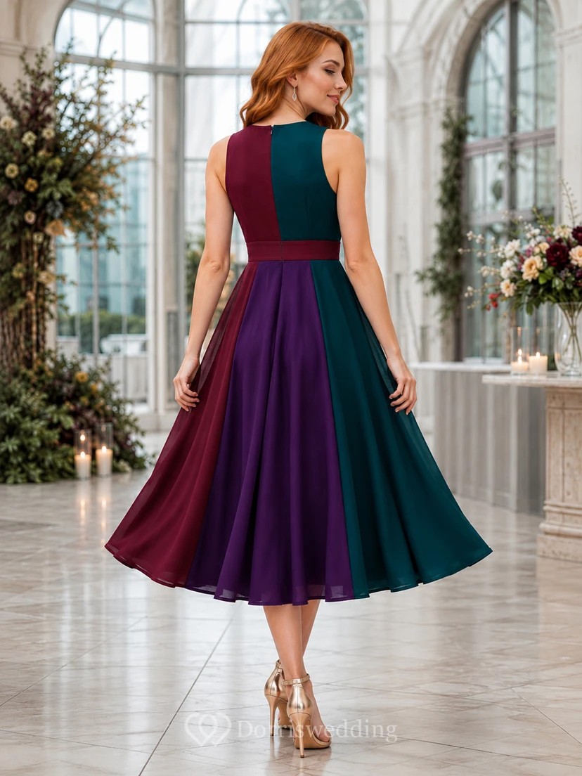 Vestido de invitada sin mangas con cuello alto y bloques de color verticales en tonos joya view 2