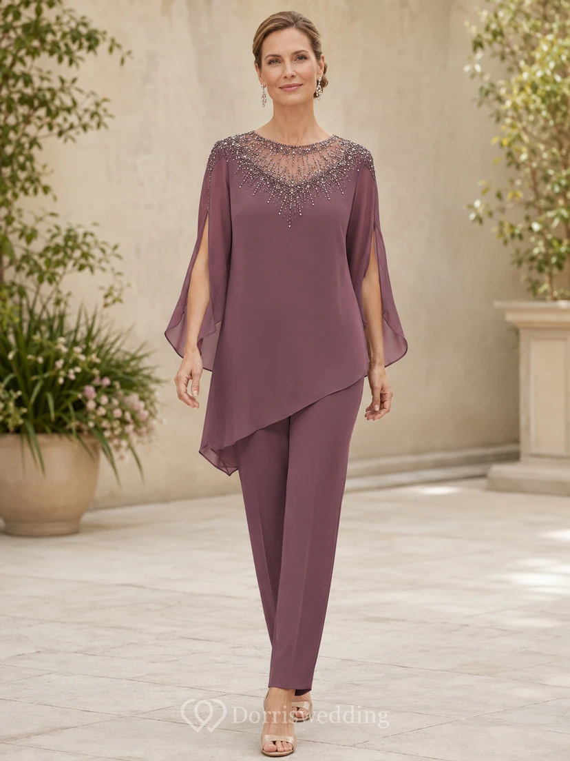 Vintage Mauve High Neck Beaded Chiffon Bell Sleeve Tunic Two Piece Mother Pantsuit