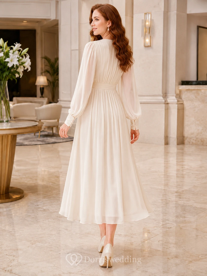 Robe de mariée mi-longue en mousseline plissée, col en V, manches bouffantes, corsage cache-cœur, taille naturelle, coupe trapèze, longueur thé view 2