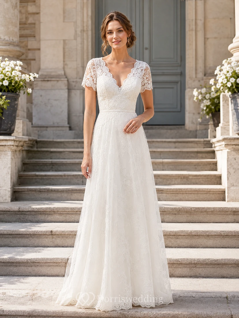 V Neck Short Sleeve Lace A Line Civil Bridal Gown