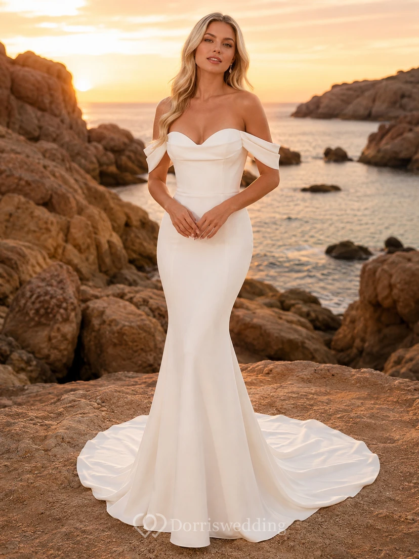 Robe de mariée romantique sirène en crêpe à épaules dénudées, imprimé coucher de soleil sur l'océan