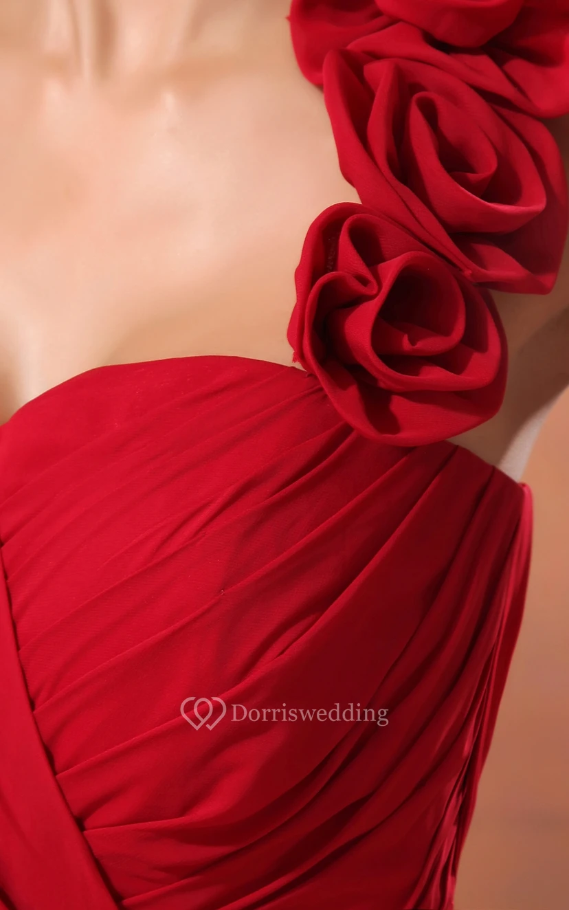 Knee-Length Chiffon Dress With Pleating and Floral Strap view 4