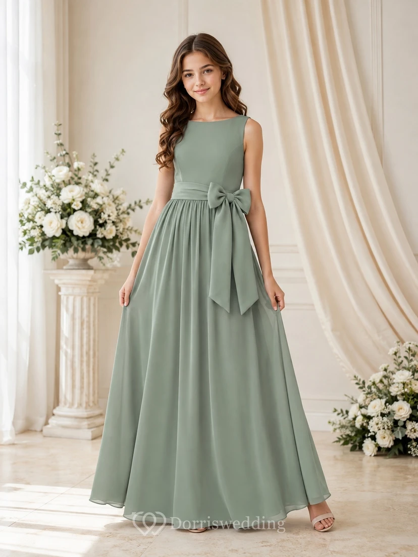 Vestido de dama de honor juvenil color celadón, corte en A, sin mangas, de gasa, con lazo en la cintura, estilo romántico.