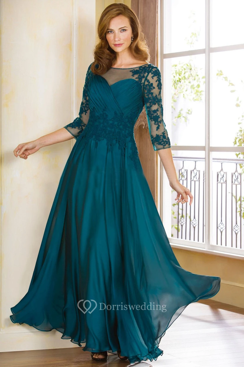 3-4 Sleeved A-Line Gown With Appliques And Illusion Style