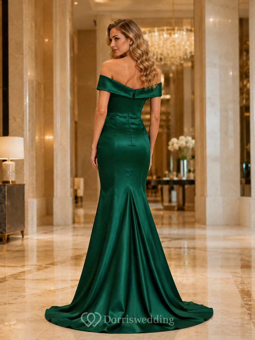 Smaragdgrünes, bodenlanges, schulterfreies, kurzärmeliges Abendkleid aus Satin in Meerjungfrauen-Optik view 2