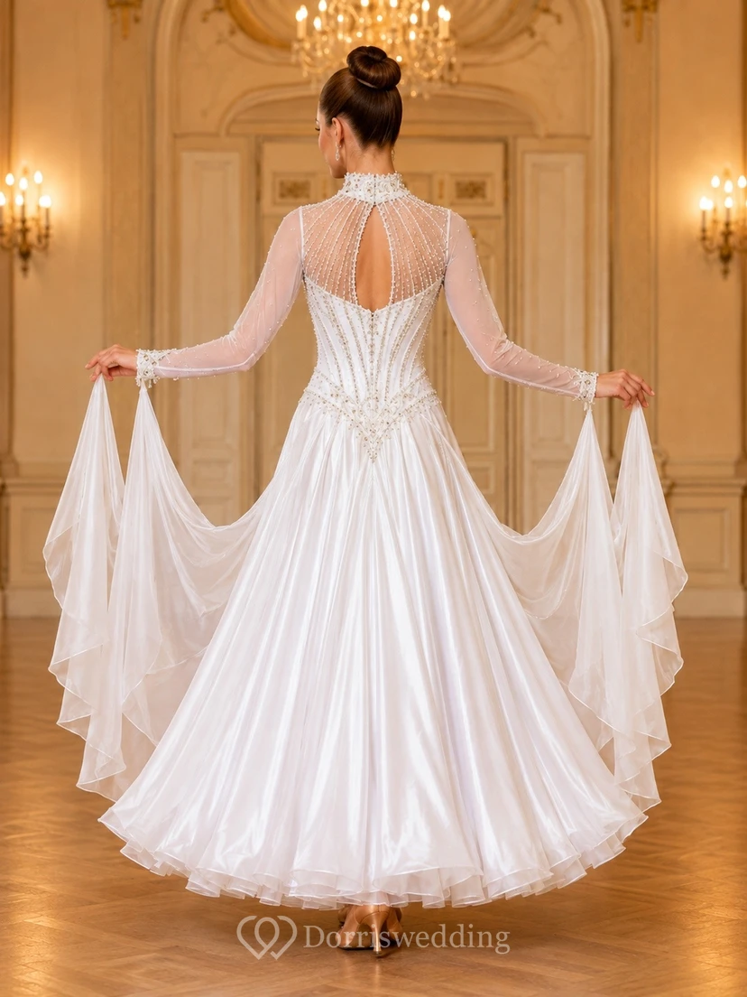 Beaded Tulle V-neck Long Sleeve Ball Gown Sweep Train Formal Dress view 2