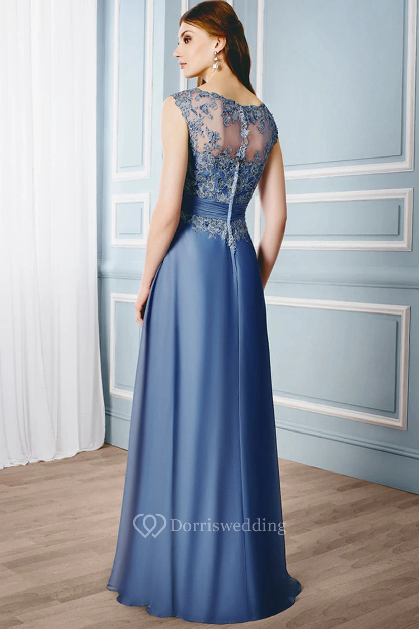 Sheath Cap-Sleeveless Bateau Floor-Length Appliqued Formal Dress With Illusion Back view 2