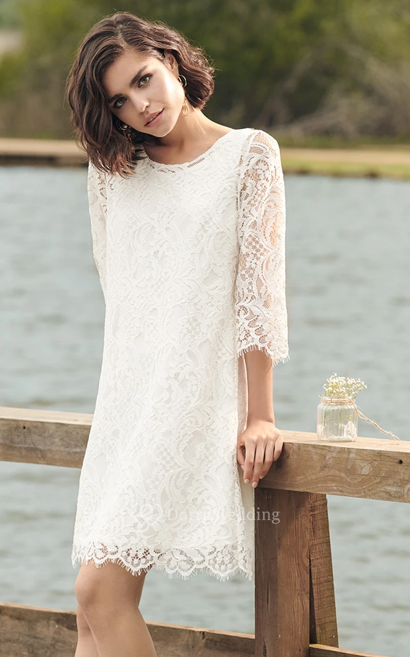 Schlichtes, knielanges A-Linien-Brautkleid aus Spitze mit 3/4-Ärmeln und Schleife