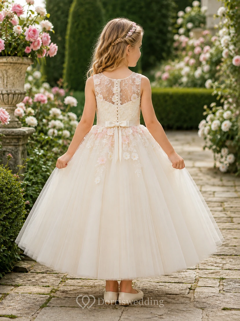 Bezauberndes A-Linien-Kleid aus Tüll für Blumenmädchen mit Schleife am Rücken view 2
