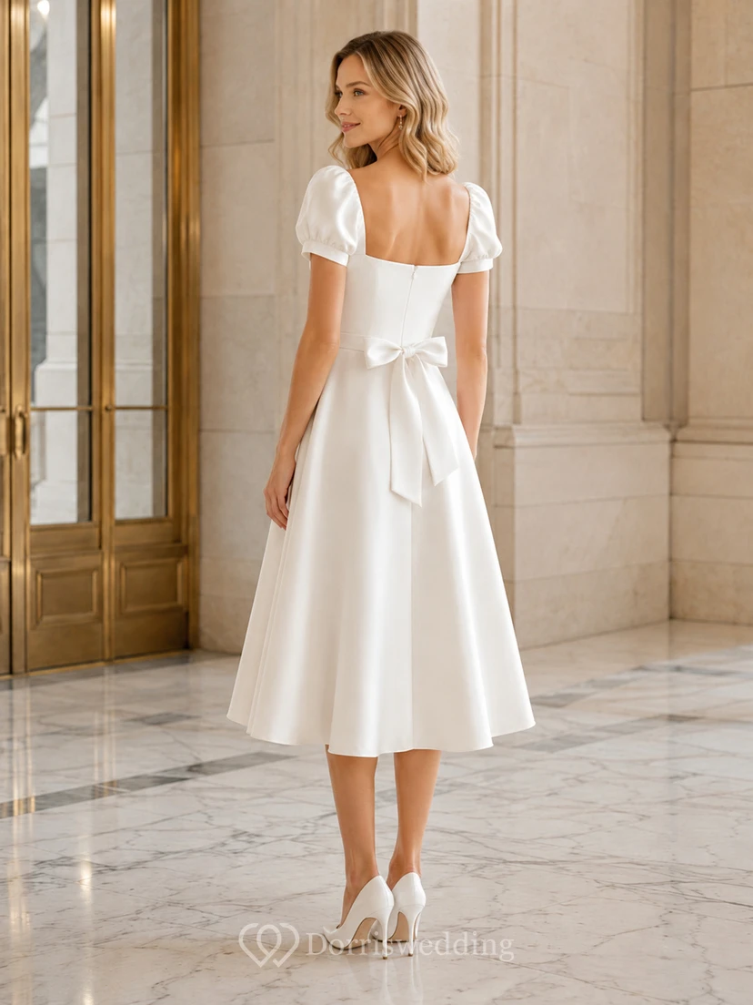 Courthouse Vintage Sweetheart Puff Sleeve Satin Bow Tea Length A-Line Wedding Dress view 2