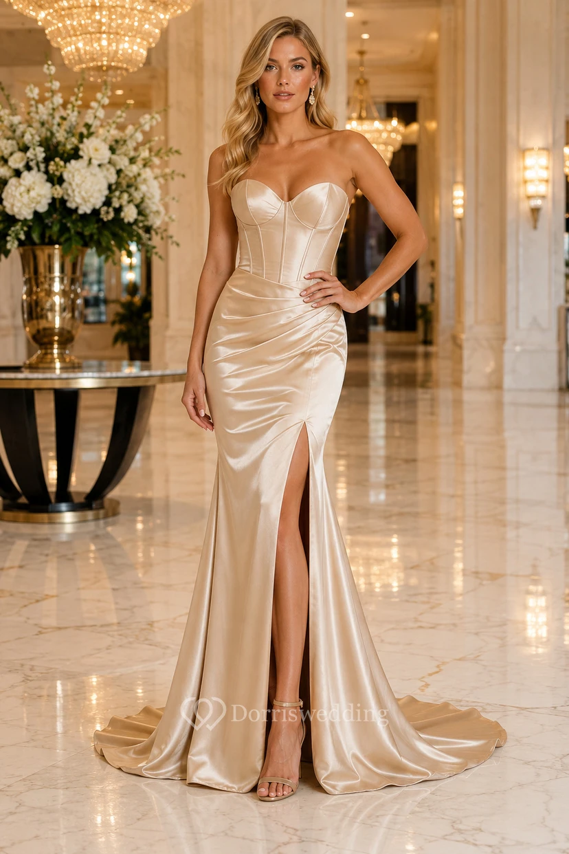 Evening Gown Champagne Satin Mermaid Strapless Sweetheart with Slit Sweep Train