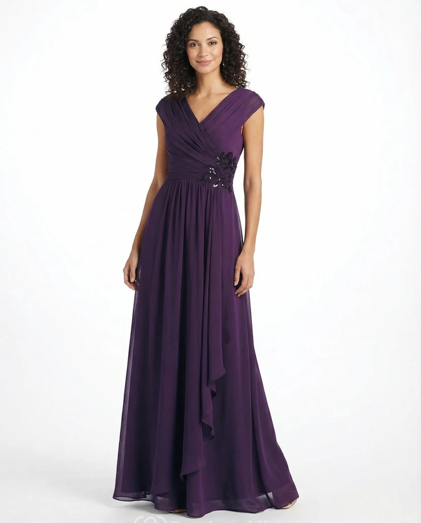 V-Neck A-Line Gown with Side Sequin Ruffles