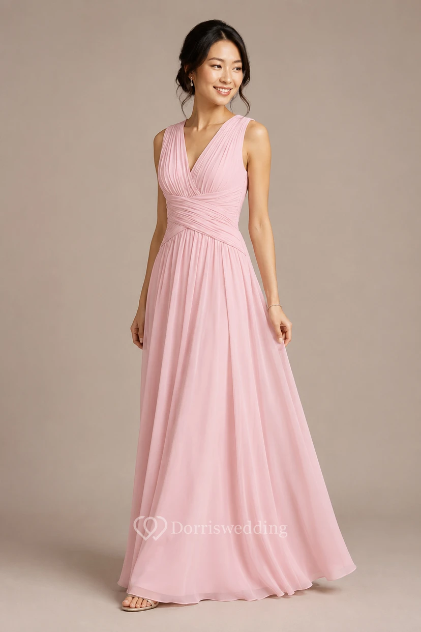 Sleeveless Chiffon V-Neck Dress With Crisscross Ruching view 40