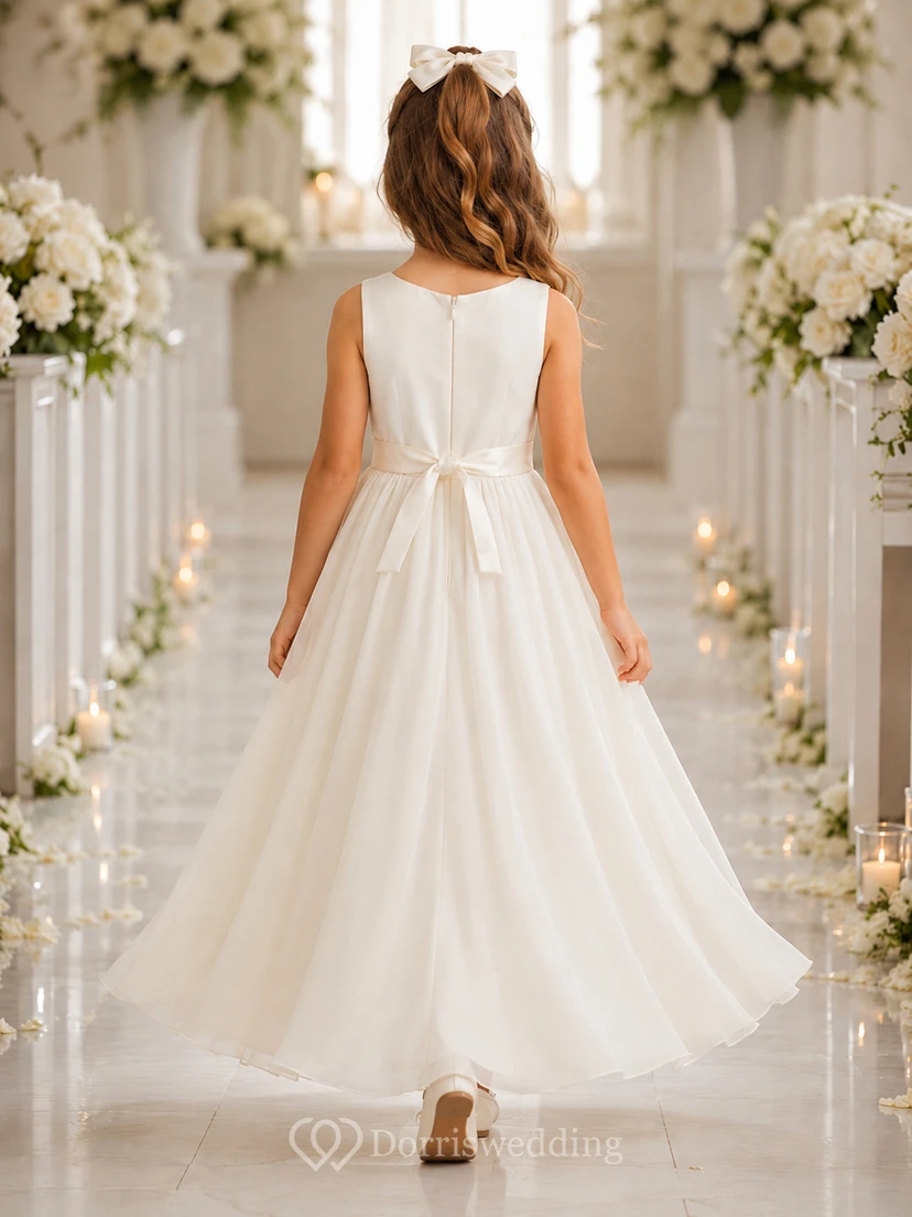 Klassisches A-Linien-Blumenmädchenkleid aus Tüll mit Spitzenoberteil, Rundhalsausschnitt, wadenlangem Rock und Schärpenverzierung view 2