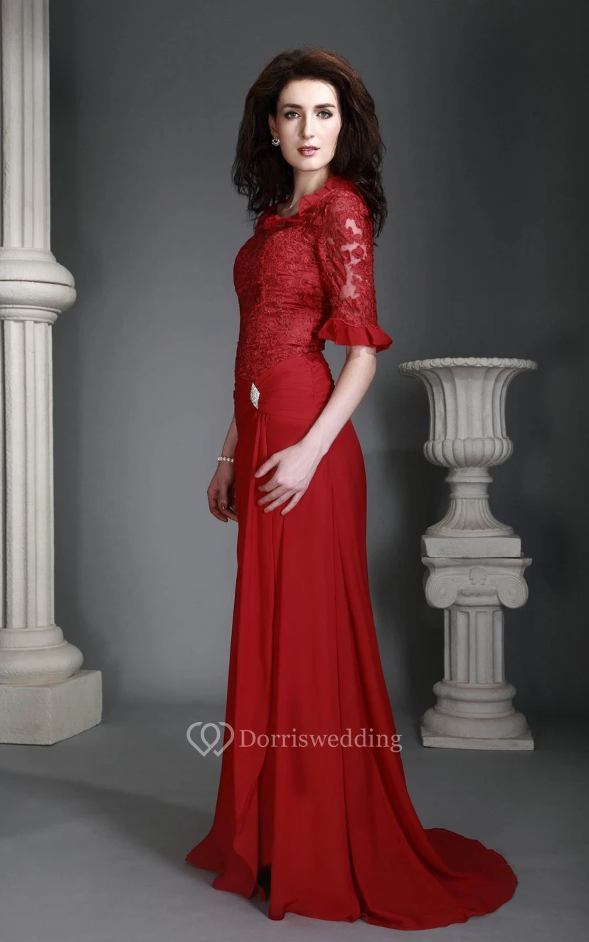 Lace Half-Sleeve Floor-Length Dress With Appliques