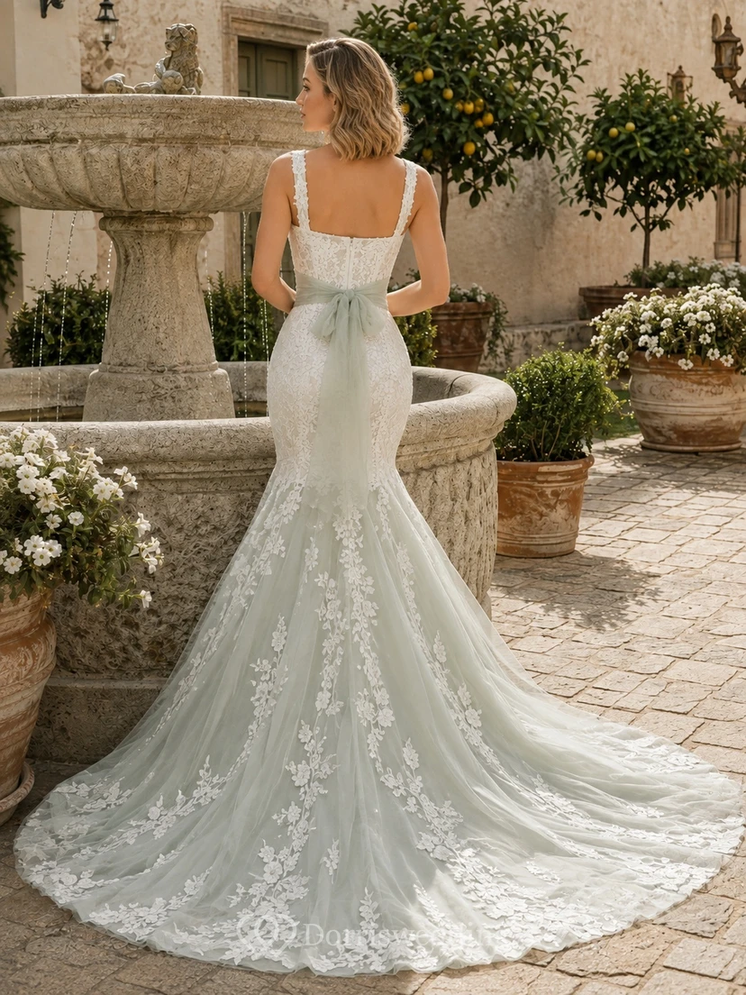 Celadon-Spitze Brautkleid im Meerjungfrauen-Stil, ärmellos, mit Schleppe, romantisch-elegant view 2